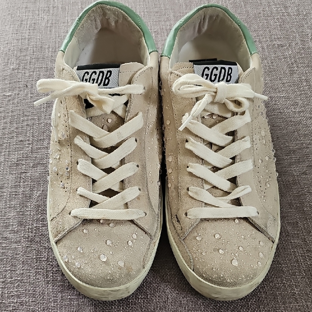 GGDB Distressed Ice Gray Sneakers with Teal Accents And Faux Raindrops. Size 37